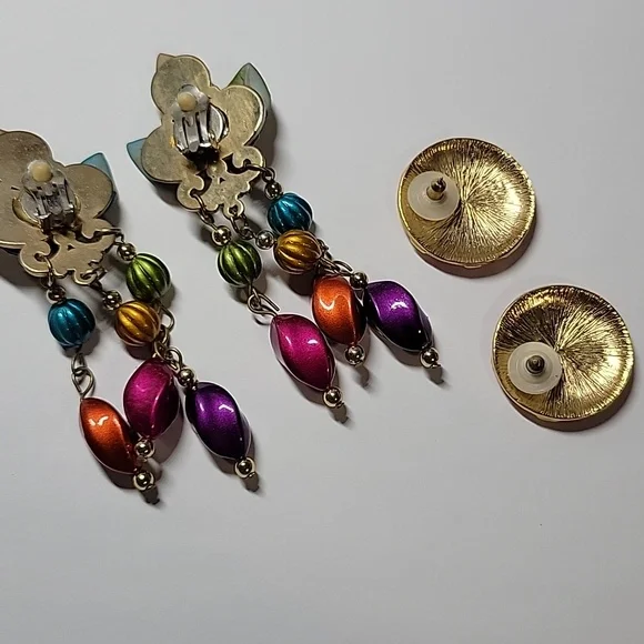 Multicolor Floral Leaf Drop Earrings and Enamel Stud Set - Women Jewelry - Picture 5 of 7